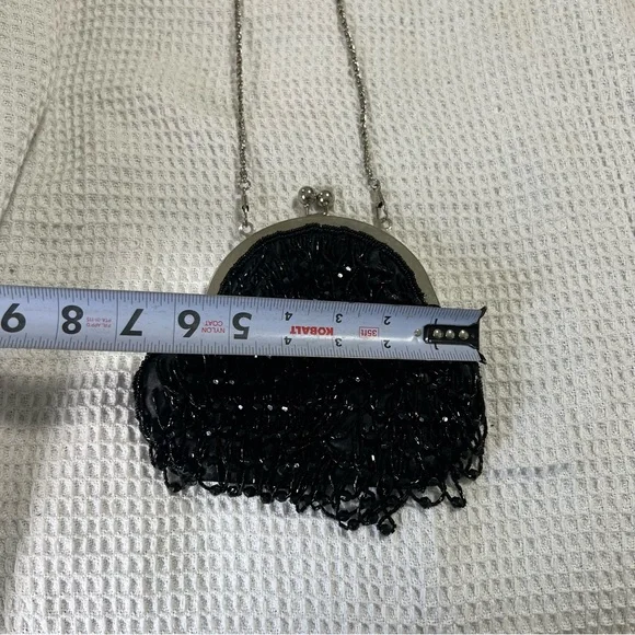 Vintage Bijoux Terner black beaded evening handbag shoulder bag kiss lock silver - Picture 4 of 14